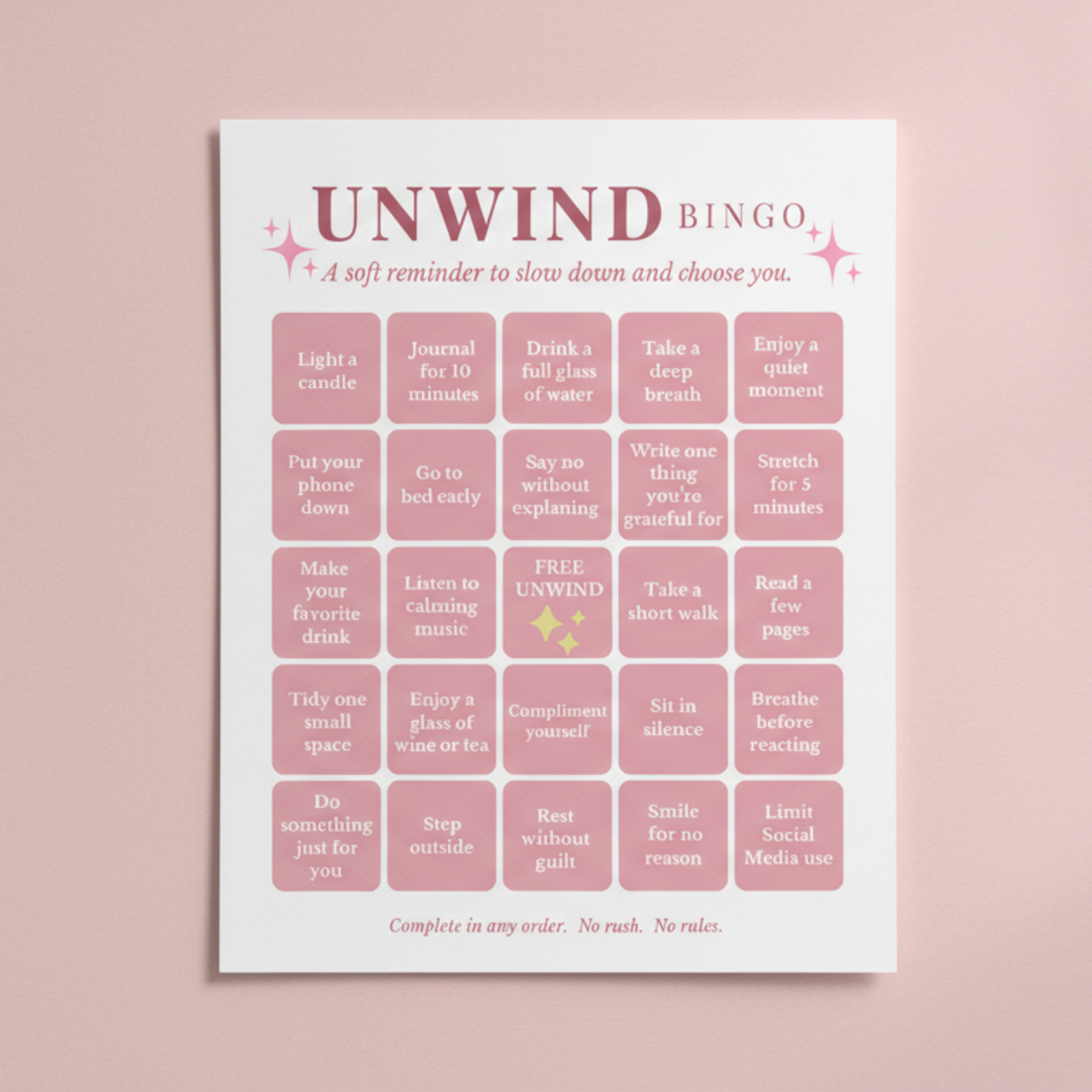 🌸 UNWIND BINGO Card – Digital Download